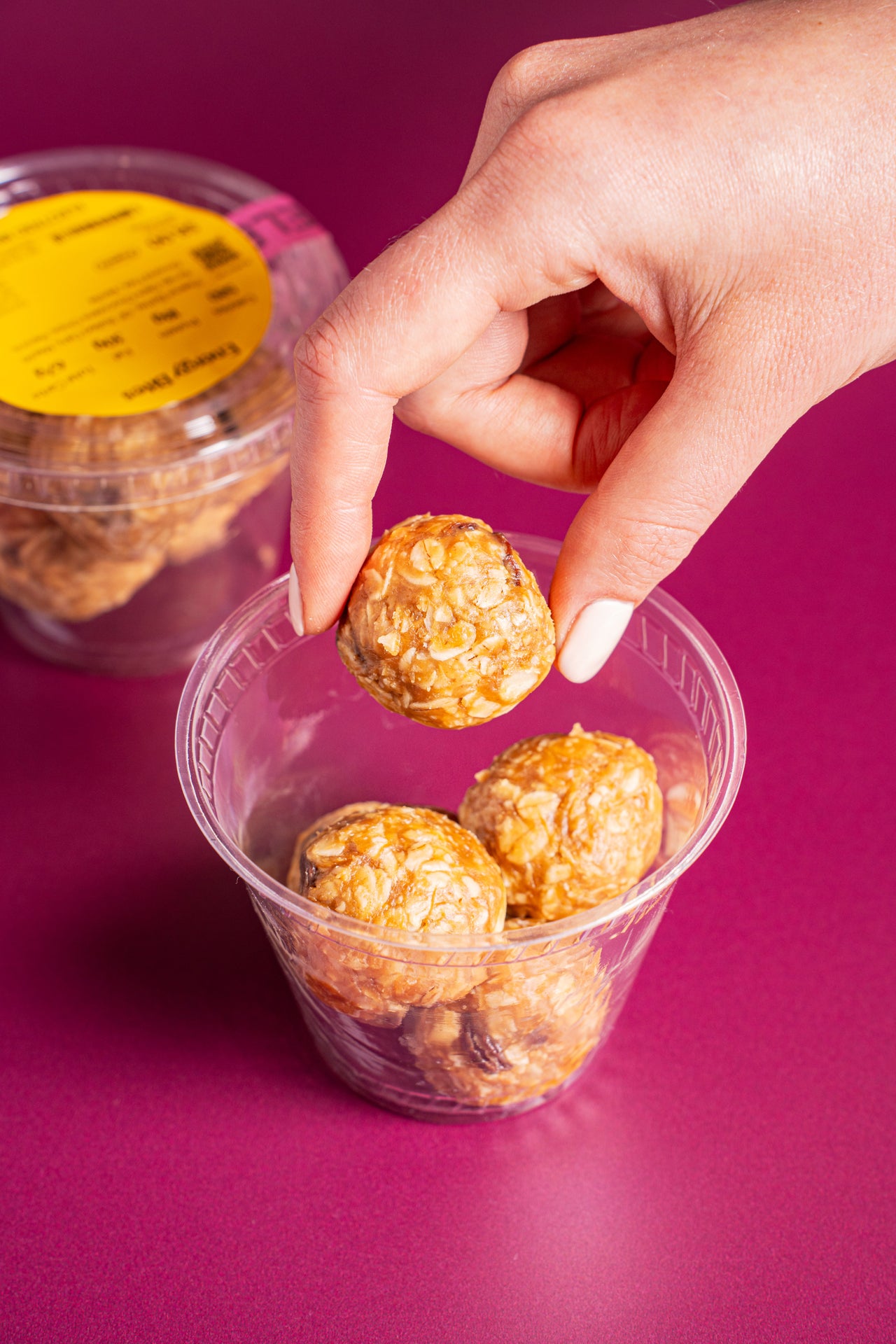 Energy Bites; Baked & Sweets, Snacks; Peanut Butter, GF Rolled Oats, Maple Syrup, Dark Chocolate Chips, Raisins, Ground Flax, Vanilla; Contains Peanuts; Peanut butter, oats, and dark chocolate—tiny bites of fuel for when life won’t slow down.