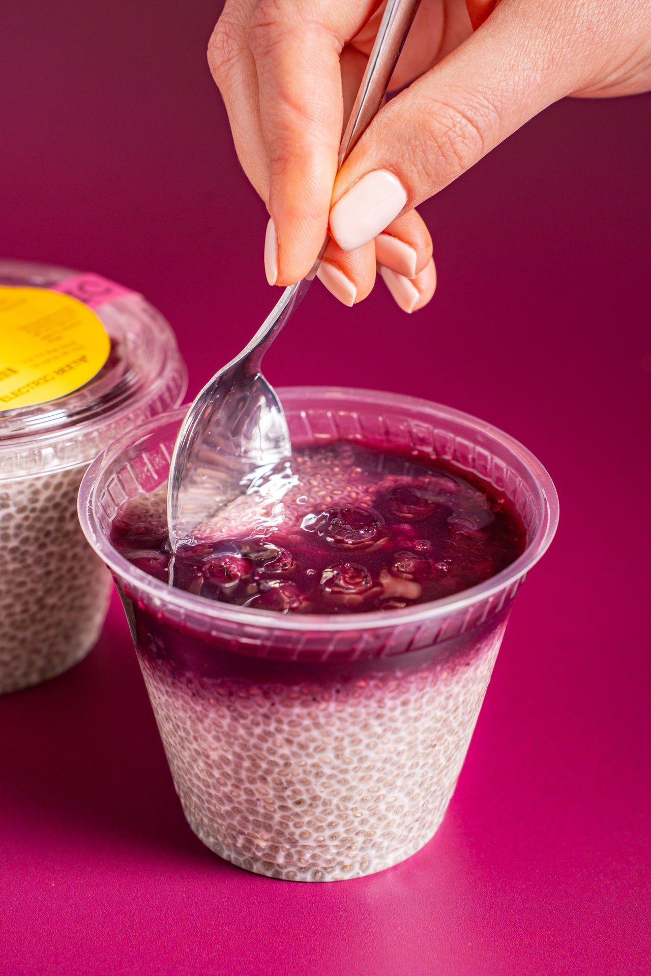 Chia Pudding: Blueberry; Baked & Sweets, Snacks; Oat Milk (GF Rolled Oats, Water), Chia, Blueberry, Maple Syrup, Vanilla, Coconut Palm Sugar, Tapioca; Contains No Major Allergens; Chia pudding leveled up with a luscious blueberry compote—creamy, fruity, and perfect for breakfast, dessert, or anytime of day!