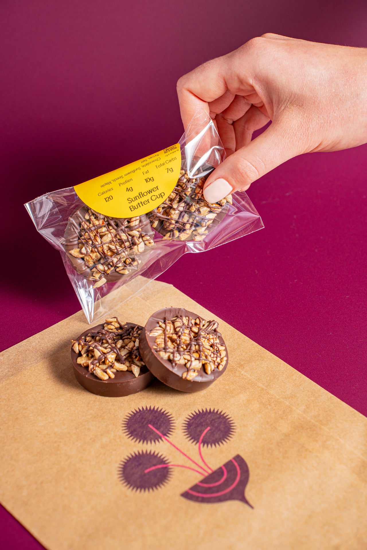 Sun Butter Cup (2-Pack); Baked & Sweets; Chocolate (Coconut Sugar), Sunflower Seeds, Maple Syrup, Salt. ; Contains No Major Allergens; Dark chocolate meets sunflower butter—smooth, rich, and just a little bit too good to share.