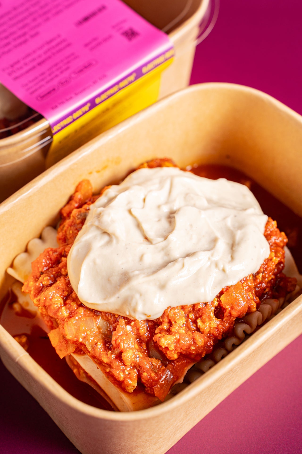 Lasagna Slice; Noodles; Tomato, Tofu, Cashew, Noodles (Semolina, Durum Wheat Flour, Vitamins), Mushroom, Onion, Nutritional Yeast, Tamari, Tapioca, Chickpea Miso, Basil, Lemon Juice, EVOO, Paprika, Garlic, GF Rolled Oats, Tahini, Apple Cider Vinegar, Salt, Italian Seasoning, Ume Vinegar, Basil; Contains Sesame, Soy, Tree Nuts, Wheat; Creamy cashew ricotta and mozzarella, layered with mushroom, tofu, and tomato. Healthful comfort food!