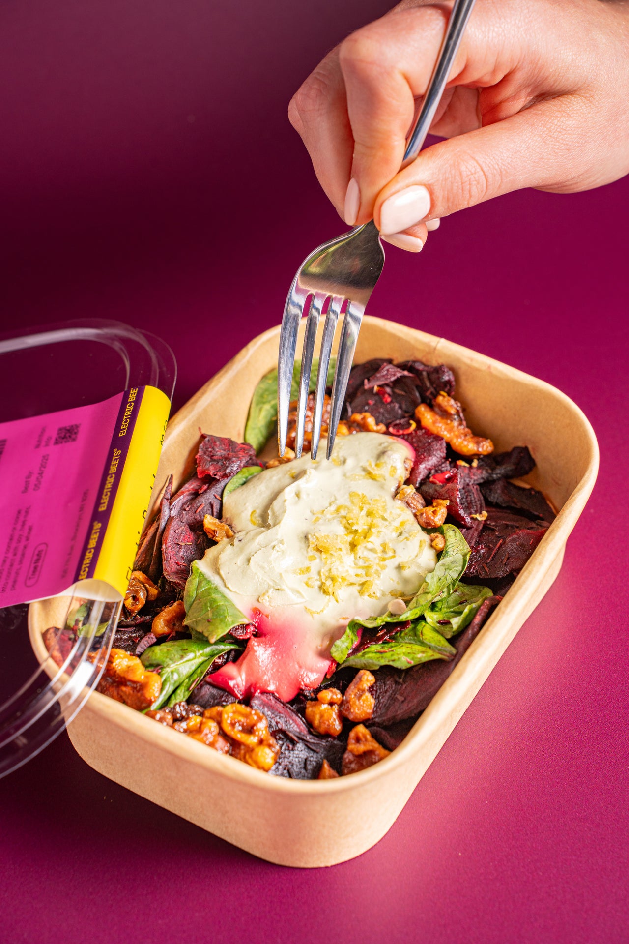 Electric Beets!; Greens & Grains; Beets, Walnut, Coconut Yogurt, Coconut Palm Sugar, Spinach, Cashew, Date Syrup, Garlic, Basil, Extra Virgin Olive Oil, Chickpea Miso, Lemon, Thyme, Salt, Vanilla, Black Pepper, GF Oats, Coriander, Cardamom, Cayenne; Contains Tree Nuts; Roasted beets, a creamy, garlicky ricotta, and crunchy candied walnuts. A flavor jolt that'll leave you buzzing!