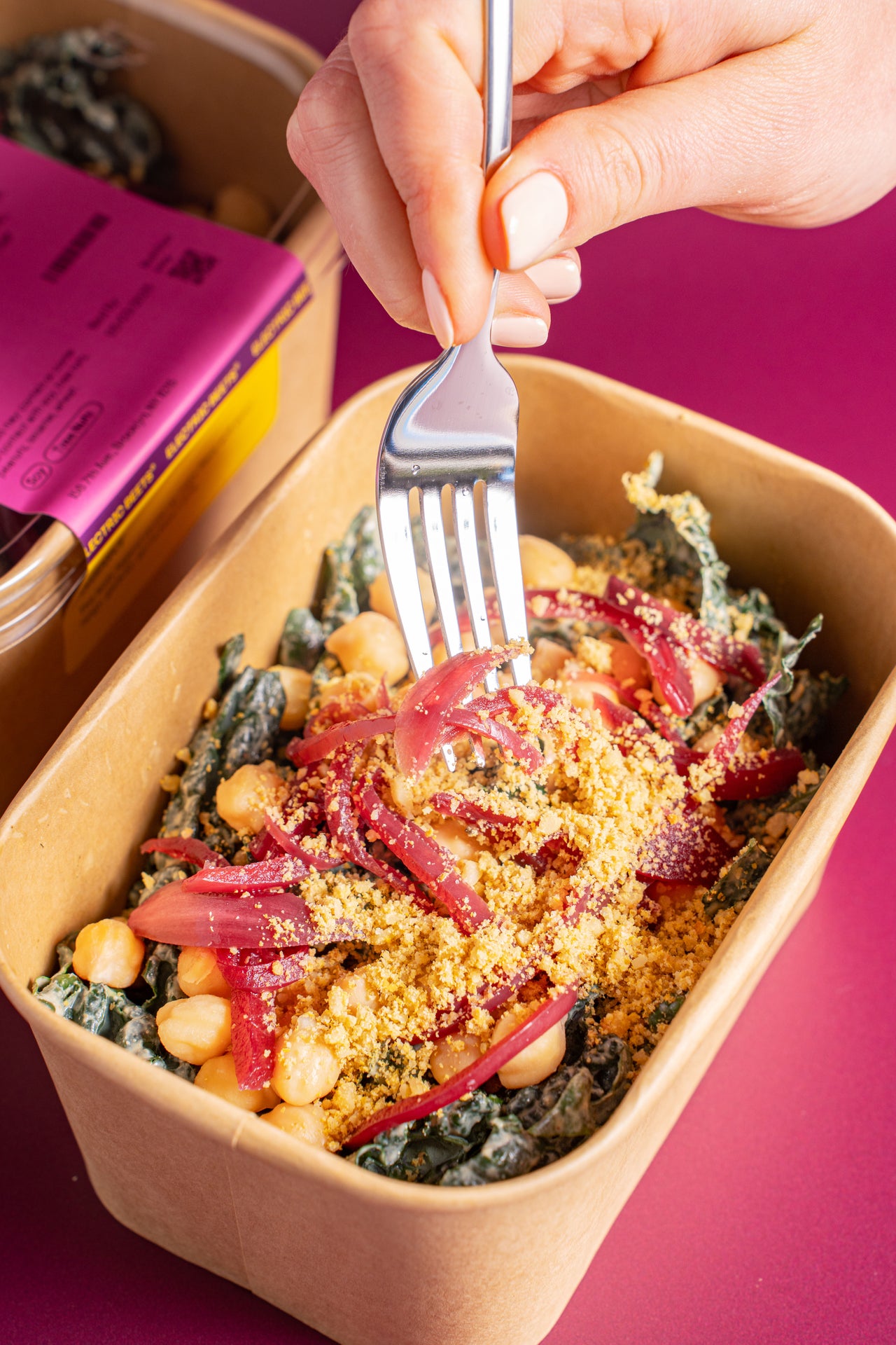 Kale Caesar Salad; Greens & Grains; Kale, Chickpeas, Tofu, Lemon, Walnuts, Dijon Mustard, Tamari, Pickled Red Onion (Apple Cider Vinegar, Coconut Palm Sugar, Salt, Black Pepper, Beet Juice), Almond, Nutritional Yeast, Garlic, Rice Vinegar, Coconut Aminos, Nori, Garlic Powder, Salt; Contains Soy, Tree Nuts; This leafy legend serves up major flavor with every tangy, garlicky, gotta-have-it bite.