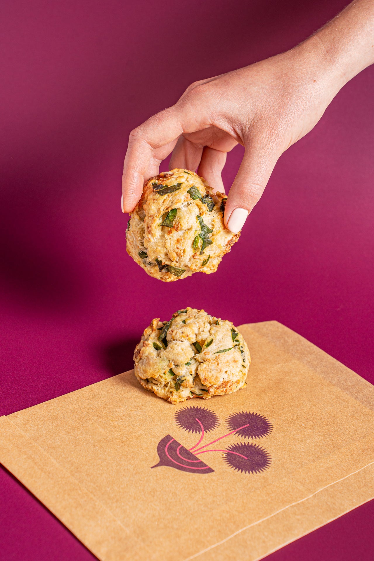Spinach Ricotta Scone; Baked & Sweets; Bread Flour, Avocado Oil, Cashew, Spinach, GF Rolled Oats, Baking Powder, Chickpea Miso, Salt, Nutritional Yeast, Lemon, ACV, Garlic, Black Pepper; Contains Wheat, Tree Nuts; Savory, flaky, and full of fresh flavor. A cashew “ricotta,” bright lemon, and tender spinach come together in a golden, indulgent bit. Perfect for a light brunch or an afternoon pick-me-up that feels wholesome and satisfying.