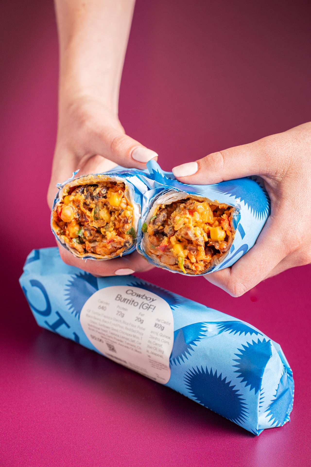 Cowboy Burrito (GF!); Hand Helds; Toufayan GF Wrap, Quinoa, Black Beans, Black Eyed Peas, Bell Pepper, Cilantro, Corn, Onion, Sunflower Seed, Chickpea Miso, Tomato, Carrot, Nutritional Yeast, Tapioca, Lemon, Salt, Garlic, Olive Oil, Frontier Veg Broth, Paprika, Garlic Powder, Turmeric, Chipotle, Jalapeno, White Pepper, Avocado Oil, Maple Syrup; Contains No Major Allergens; Packed with beans, veggies, quinoa, and bold flavor—this burrito’s got swagger in every bite!