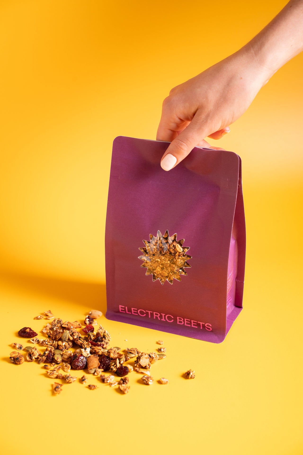 Superfood Granola (Oil Free); Snacks; Dates, GF Rolled Oats, Dried Cranberries, Pumpkin Seed, Almond, Walnut, Chia, Coconut, Sesame, Ground Flax, Vanilla, Cardamom, Cinnamon; Contains Tree Nuts, Sesame; Oil-free, lightly sweetened with dates, and packed with plant power! Store in a glass jar for 2-3 weeks, or freeze for 4-5 weeks.