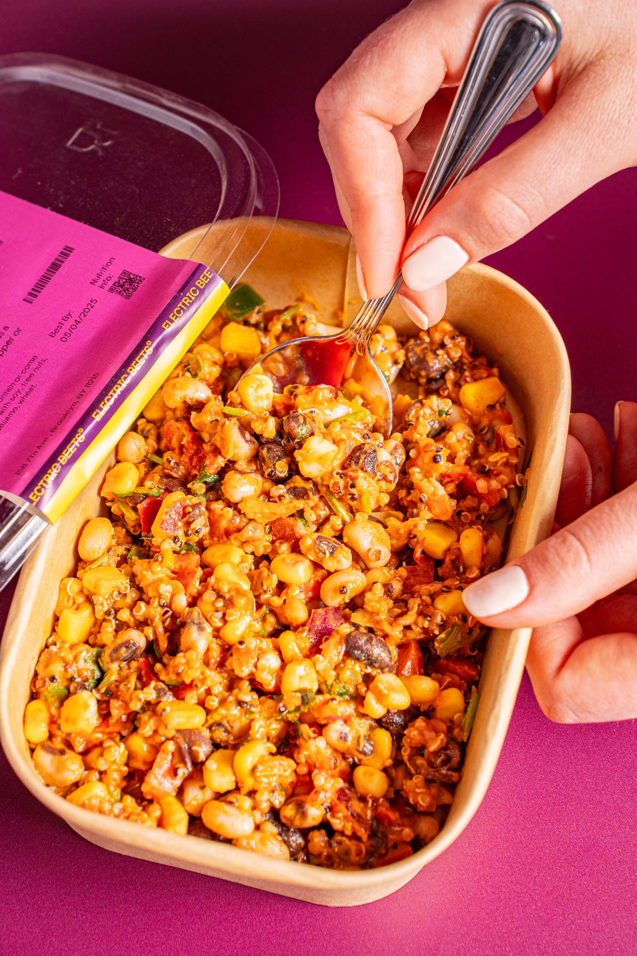 Cowboy Salad; Greens & Grains; Corn, Quinoa, Bell Pepper, Black Beans, Black Eyed Peas, Tomato, Red Onion, Lemon, Chipotle Pepper, Jalapeno, Avocado Oil, Cilantro, Maple Syrup, Garlic, Frontier Veg Broth, Salt, Smoked Paprika; Contains No Major Allergens; A flavor party in a bowl! Corn, beans, and quinoa with a smoky, spicy kick. It’s like the Wild West, but way tastier.