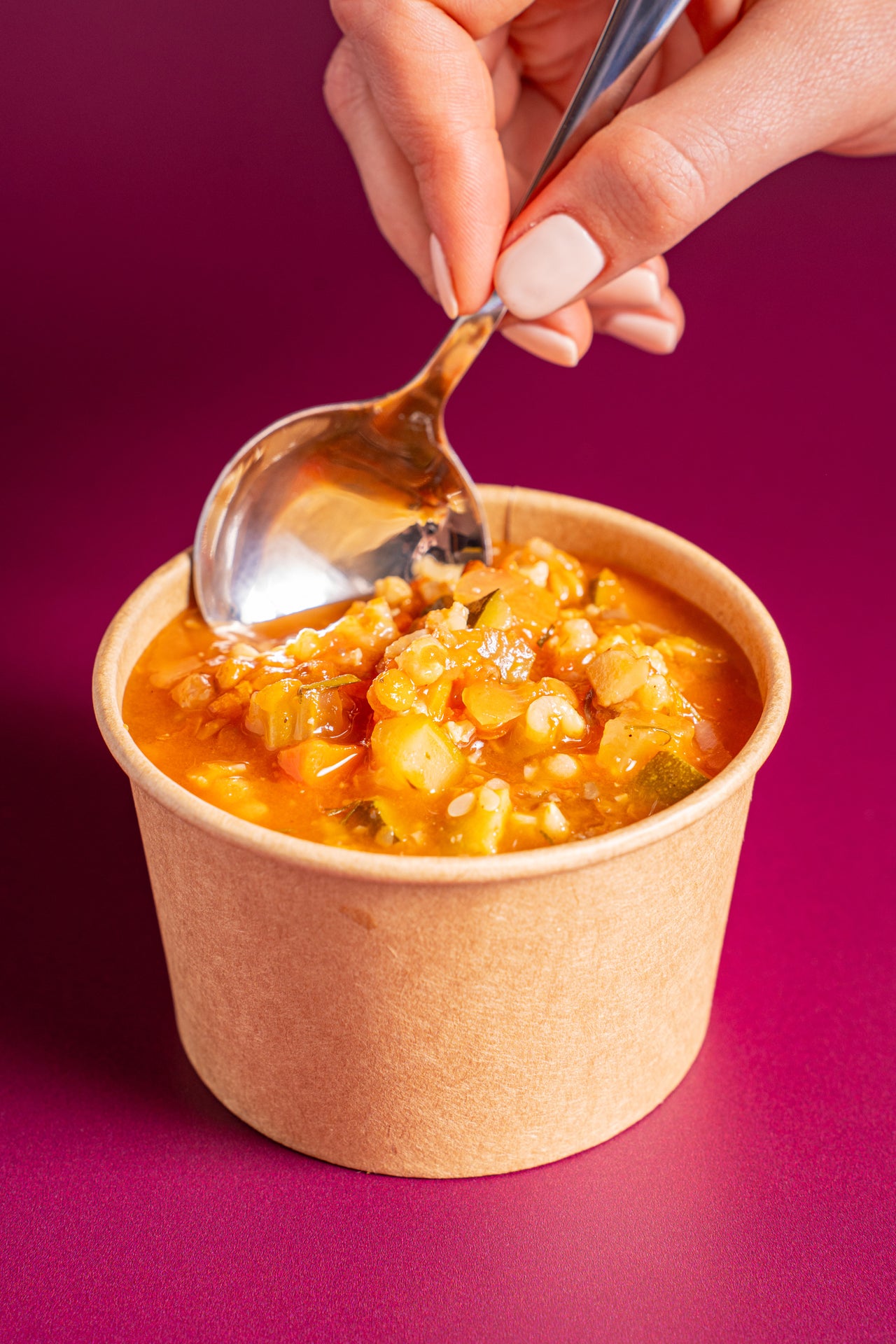 Tomato Vegetable Lentil Soup; Soup; Tomato, Onion, Zucchini, Cauliflower, Lentils, Carrot, Mushroom, Celery, Brown Rice, Frontier Veg Broth, Coconut Aminos, Garlic, Parsley, Dill, Paprika, Black Pepper; Contains No Major Allergens; Lentils and brown rice combine to create a complete protein in this veggie-packed soup!