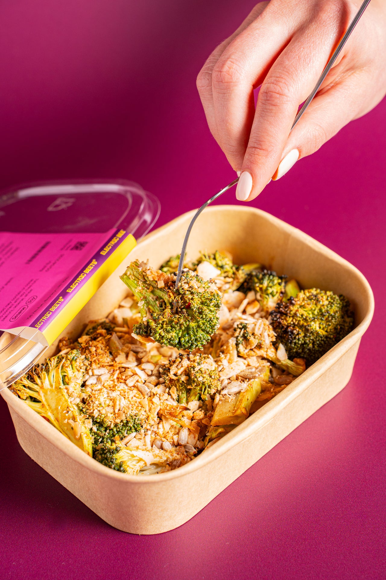 Electric Broccoli; Greens & Grains; Broccoli, Sunflower Seed, Unsweetened Coconut Flakes, Tamari, Maple Syrup, Avocado Oil, Sempio Gochujang, Sesame Oil, Smoked Paprika, Salt, Onion Powder, Garlic Powder, Black Pepper, Crushed Red Pepper, Nutritional Yeast; Contains Soy, Sesame; Broccoli, but make it electric! Smoky and umami-packed, with a bold kick of spice, this isn’t your average veggie side.