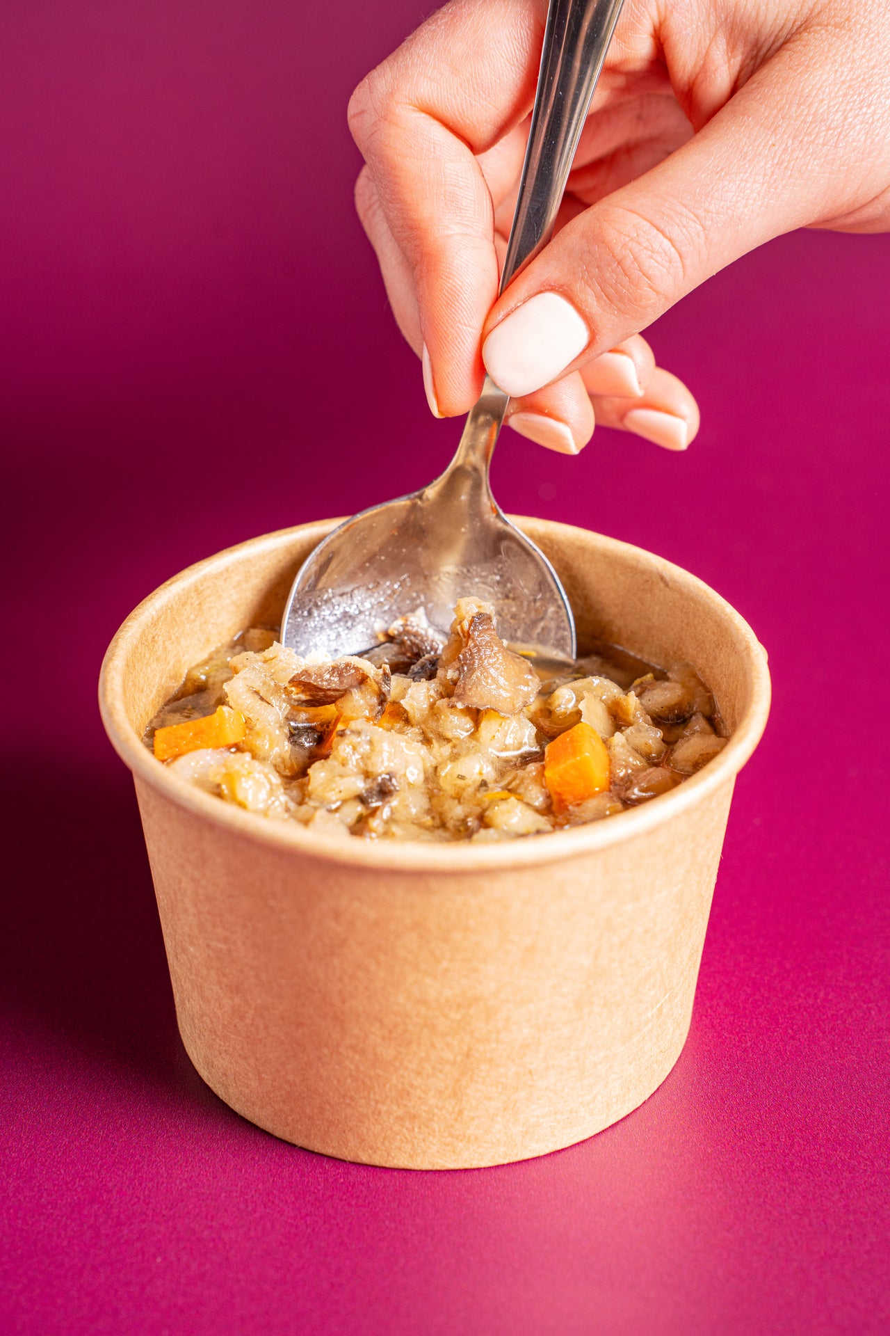 Mushroom Barley; Soup; Cremini Mushroom, Onion, Barley, Carrot, Shiitake Mushroom, White Wine, Celery, Frontier Veg Broth, Porcini Mushroom, Olive Oil, Garlic, Salt, Thyme, Black Pepper; Contains Wheat; With tender mushrooms, hearty barley, and a hint of thyme, this soup is earthy, savory, and satisfying.