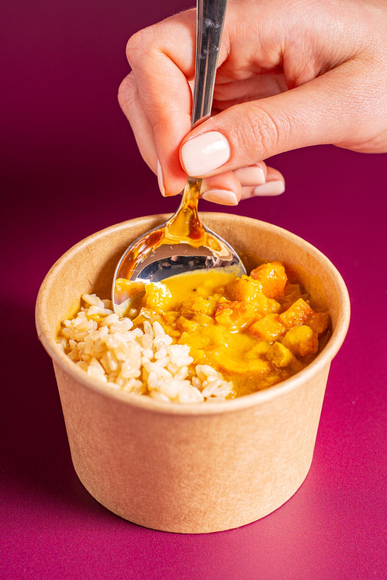 Chickpea Curry; Soup; Coconut Cream, Sweet Potato, Chickpea, Cauliflower, Carrot, Brown Rice, Tomato, Cashew, Red Bell Pepper, Ginger, Frontier Veg Broth, Garlic, Turmeric, Fenugreek, Coriander, Salt, Cumin, Cayenne, Mustard, Black Pepper, Cardamom, Arbol Chili, Cinnamon; Contains Tree Nuts; Coconut cream, warm spices, and a medley of veggies—this bowl’s got heat and heart!