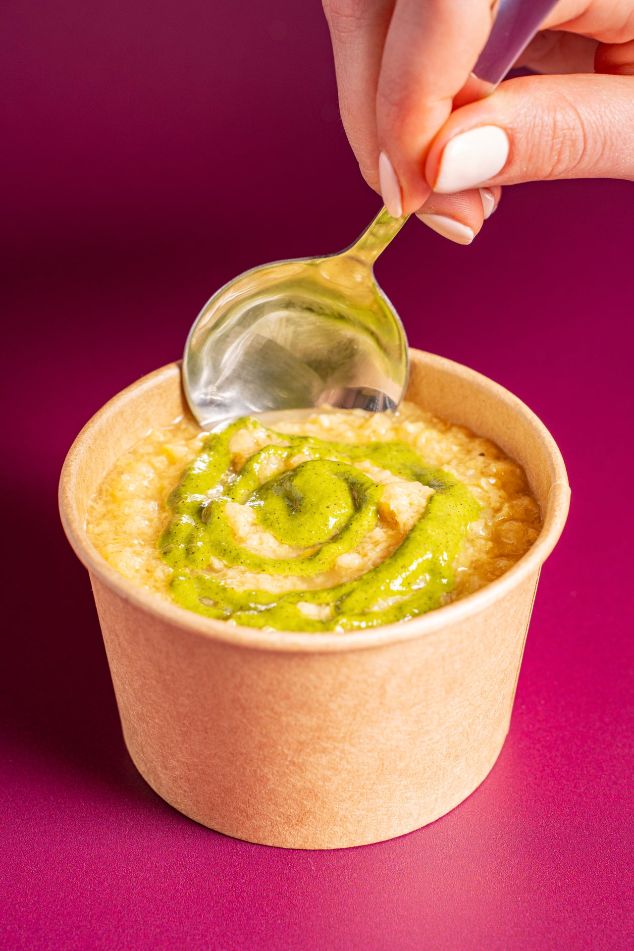 Corn Chowder; Soup; Corn, Onion, Oat Milk (Water, GF Rolled Oats), Frontier Veg Broth, Olive Oil, Avocado Oil, Cilantro, Lemon, Scallion, Black Pepper, Garlic, Salt, Smoked Paprika; Contains No Major Allergens; Velvety corn chowder with a bold chimichurri kick, crowned with crunchy corn chips for the ultimate flavor explosion.