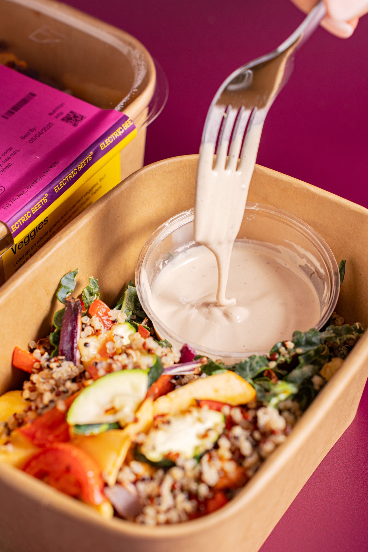 Grain Bowl with Veggies; Greens & Grains; Quinoa, Eggplant, Zucchini, Tomato, Red Onion, Kale, Tahini, Coconut Aminos, Frontier Veg Broth, Rice Vinegar, Garlic, Lemon, Salt; Contains Sesame; Load up on whole grains and roasted veggies, but make it fun! Tossed in our Roasted Garlic Tahini Dressing, this bowl is all kinds of satisfying.