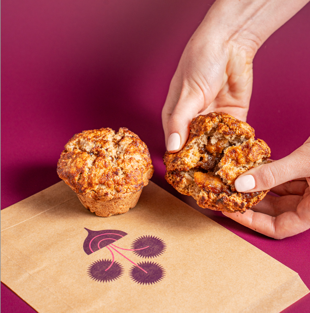 Cinnamon Banana Muffin; Baked & Sweets; GF Rolled Oats, Banana, Maple Syrup, Apple Sauce, Coconut Oil, Tapioca, Coconut Sugar, Flax, Baking Powder, Vanilla, Cinnamon; Contains No Major Allergens; Lightly sweet, and filled with gooey cinnamon goodness!