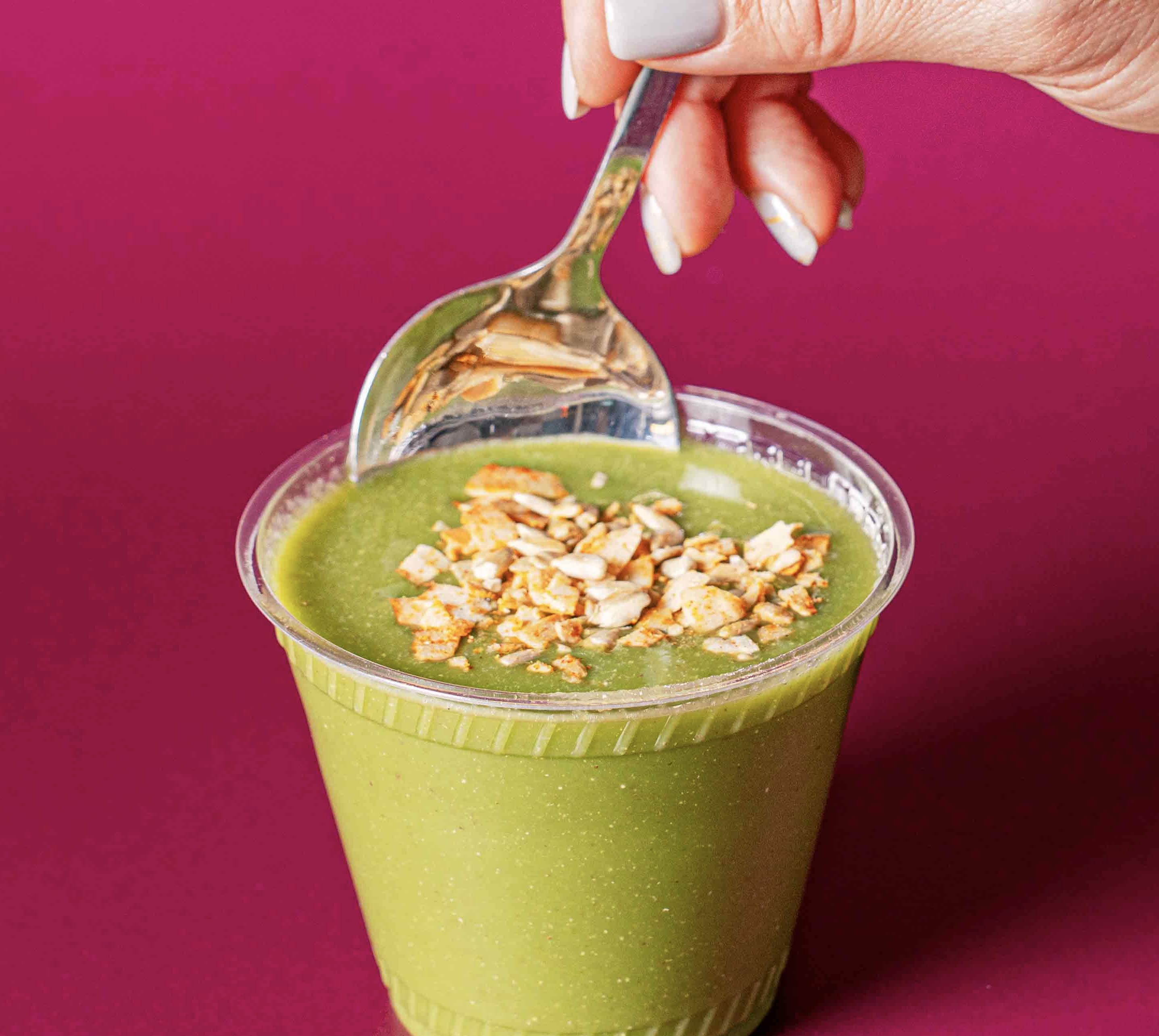 Chilled Zucchini Soup; Soup; Zucchini, Poblano Pepper, Onion, Fennel, Garlic, Frontier Veg Broth, Cashew, Mint, Lemon, Salt. Topping: Sunflower Seed, Coconut, Nutritional Yeast, Maple Syrup, Tamari, Red and Black Pepper, Paprika, Sempio Gochujang, Sesame Oil, Avocado Oil; Contains Tree Nuts, Soy; Smooth, smoky, and refreshingly garden-fresh balance. Topped with a crunchy, umami-rich seed crumble - it’s light, vibrant, and full of surprise in every spoonful.