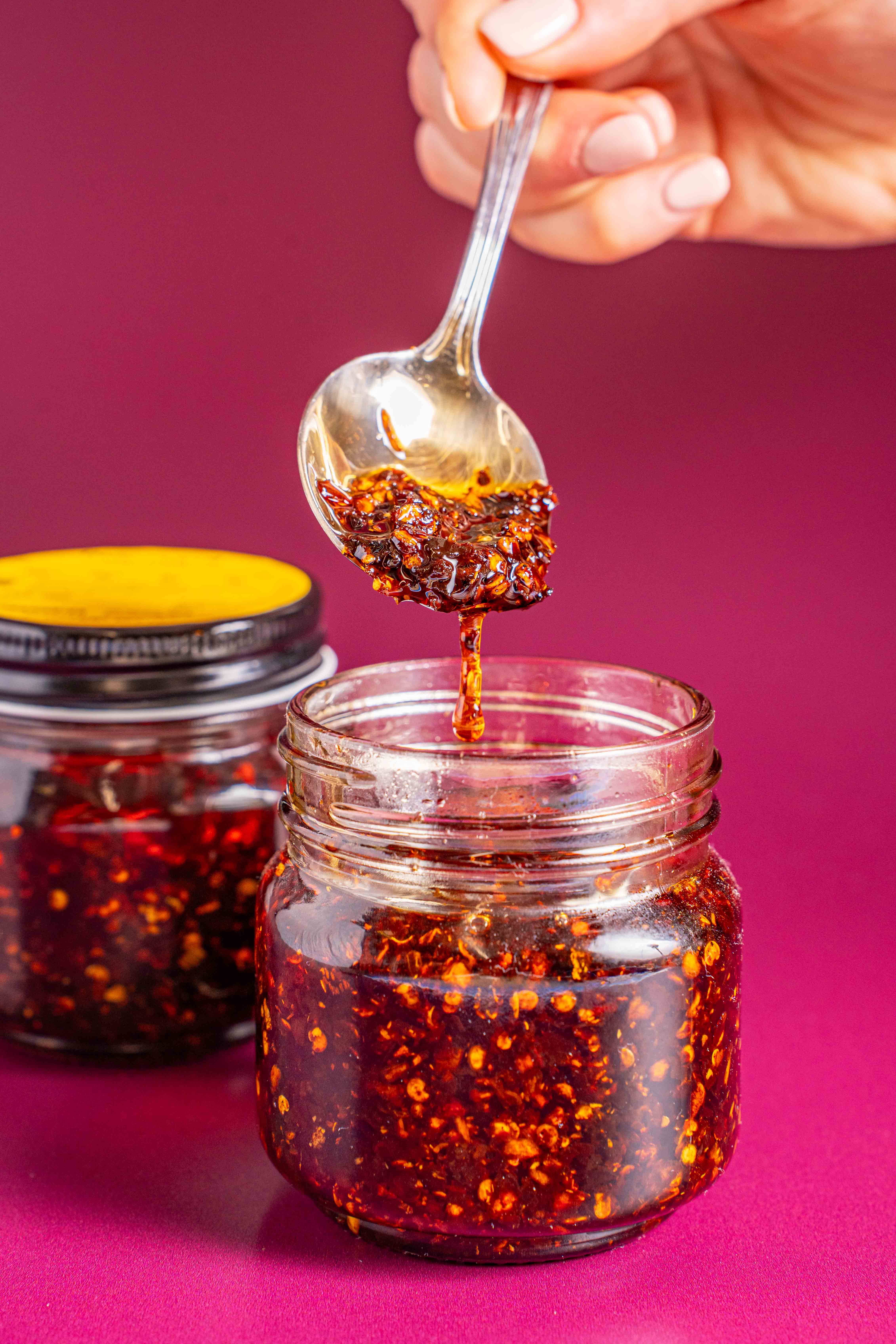 Garlic Chili Oil; Condiments; Avocado Oil, Shallot, Tamari, Sempio Gochujang, Crushed Red Pepper, Thai Chilies, Coconut Palm Sugar, Peppercorns, Garlic, Salt, 5 Spice; Contains Soy; Hot, garlicky, and a little sweet, because your food deserves a kick in the pants!