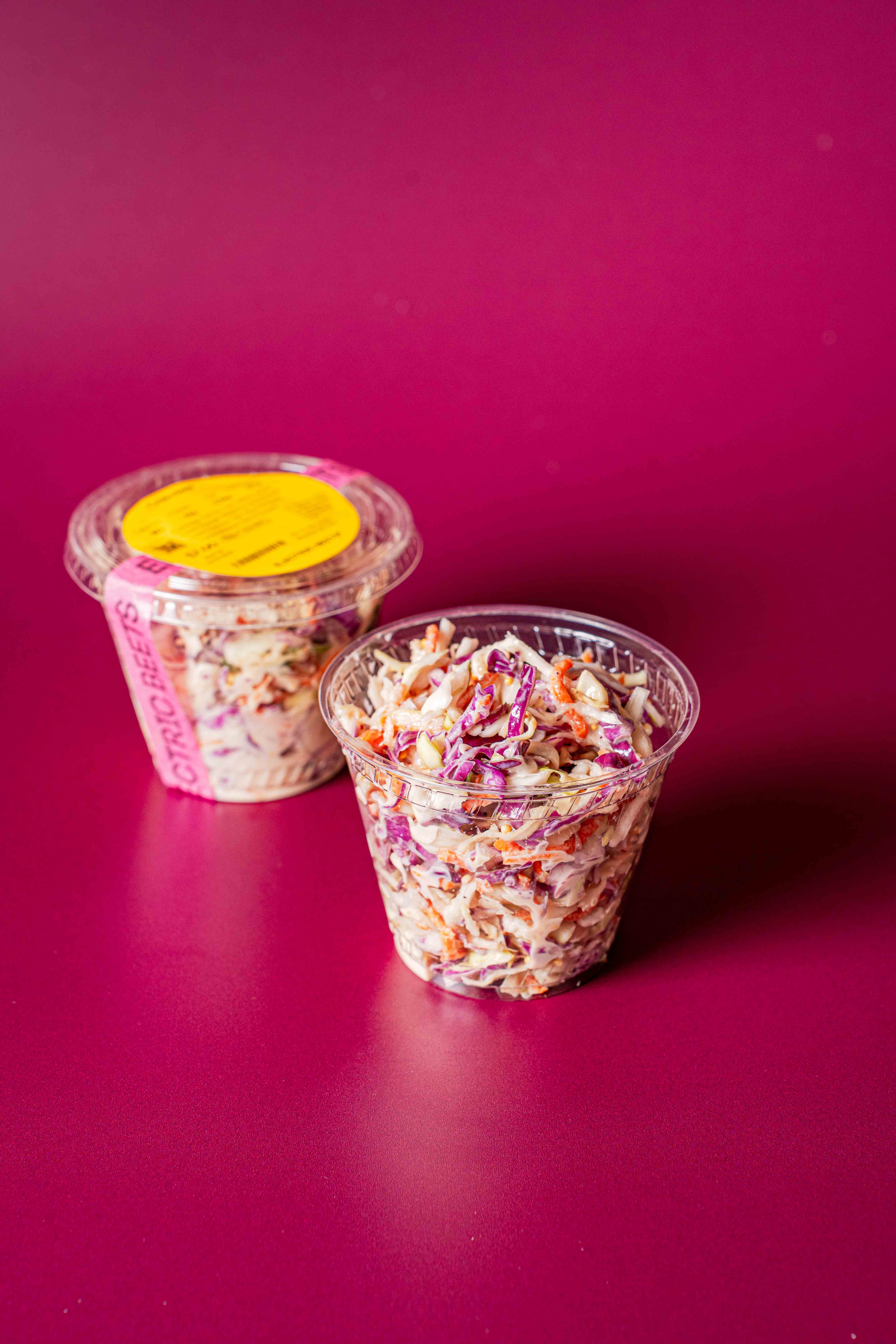 Coleslaw; Greens & Grains; Cabbage, Carrot, Tofu, Water, Apple Cider Vinegar, Maple Syrup, Mustard Seed, Cashew, Salt, Dijon Mustard, Flaxseed Meal, Black Pepper; Contains Soy, Tree Nuts; The coleslaw we know and love, crispy, crunchy, but totally oil free! Perfect as a side, in a sandwich, or piled high on your plate.