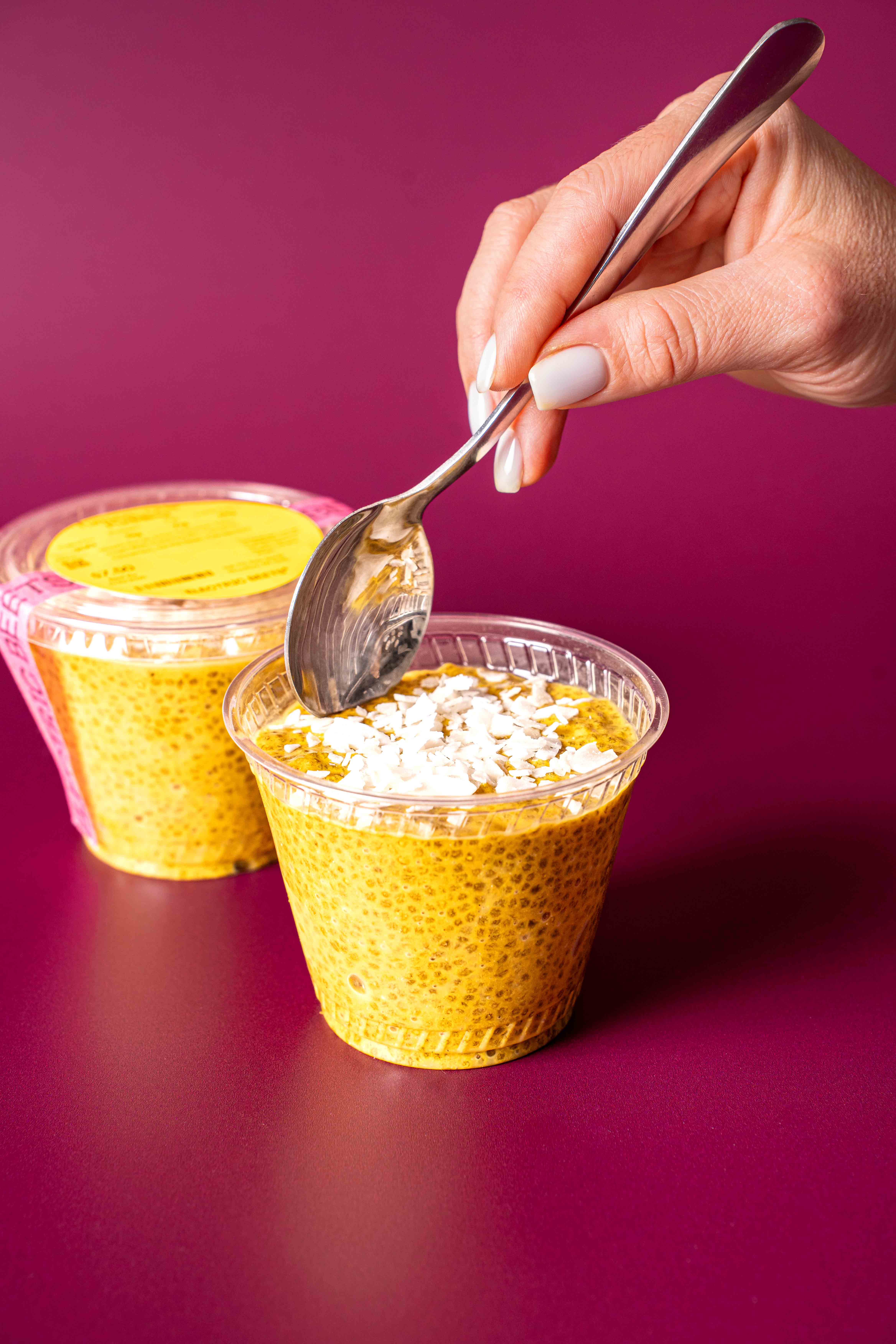 Turmeric Chia Pudding; Baked & Sweets, Snacks; Maple Syrup, Chia, Coconut, Oats, Calamansi, Turmeric, Cinnamon, Vanilla Bean, Cardamom; Contains No Major Allergens; Warm, cozy, and feel-good. This is the kind of pudding that feels grounding and a little indulgent—soft, creamy, gently spiced, and perfect for slow mornings or an anytime comfort bite.